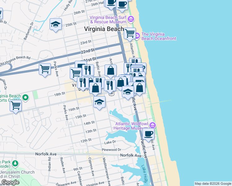 map of restaurants, bars, coffee shops, grocery stores, and more near 401 Virginia Beach Boulevard in Virginia Beach