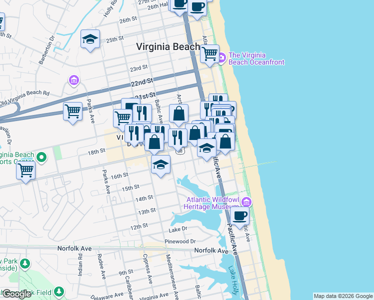 map of restaurants, bars, coffee shops, grocery stores, and more near 401 Virginia Beach Boulevard in Virginia Beach