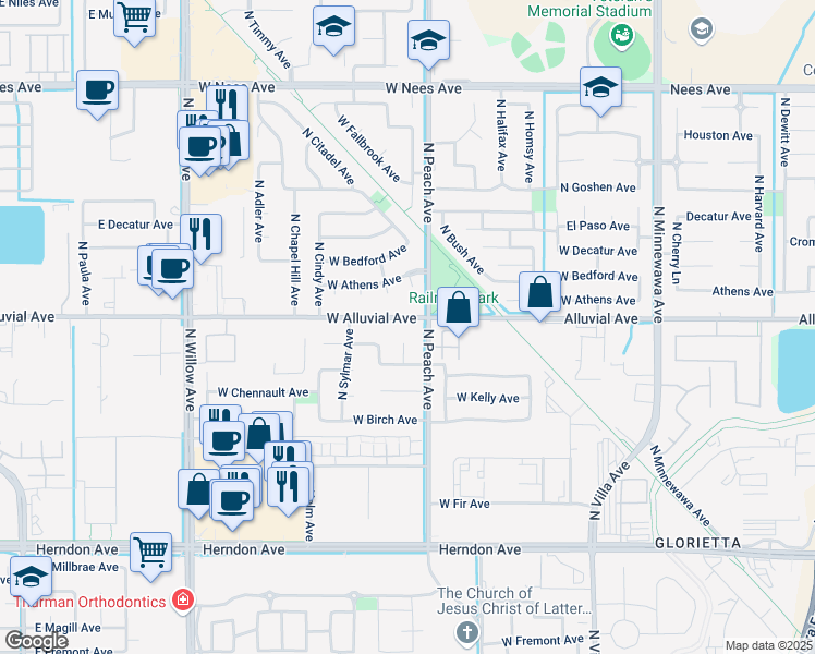 map of restaurants, bars, coffee shops, grocery stores, and more near 450 West Alluvial Avenue in Clovis