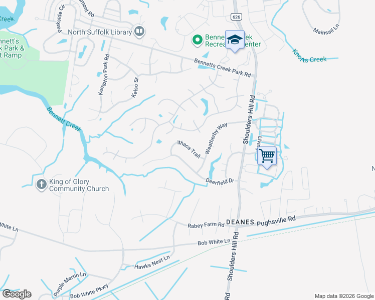 map of restaurants, bars, coffee shops, grocery stores, and more near 3629 Ithaca Trail in Suffolk
