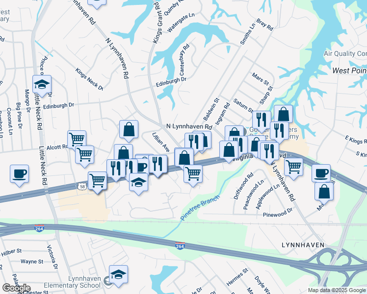 map of restaurants, bars, coffee shops, grocery stores, and more near 324 Kings Grant Road in Virginia Beach