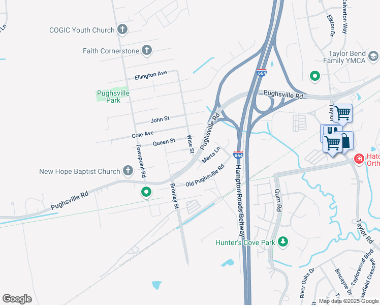 map of restaurants, bars, coffee shops, grocery stores, and more near 5101 Charlotte Street in Chesapeake