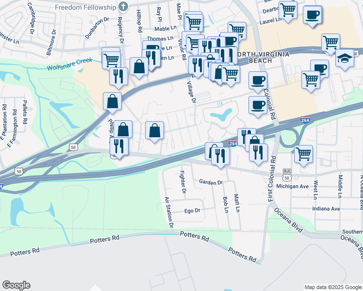 map of restaurants, bars, coffee shops, grocery stores, and more near 319 Chesire Court South in Virginia Beach