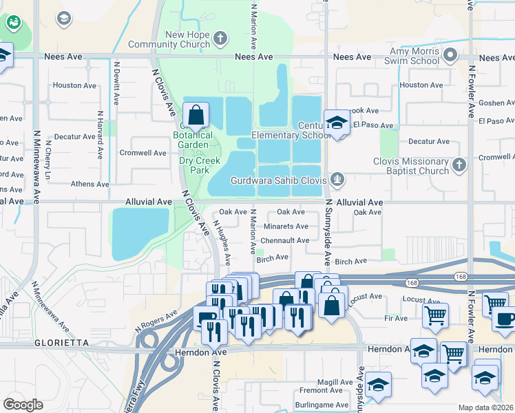 map of restaurants, bars, coffee shops, grocery stores, and more near 793 North Marion Avenue in Clovis