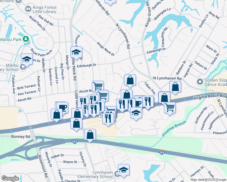 map of restaurants, bars, coffee shops, grocery stores, and more near 3308 Alcott Road in Virginia Beach
