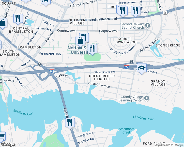 map of restaurants, bars, coffee shops, grocery stores, and more near 732 Forbes Street in Norfolk