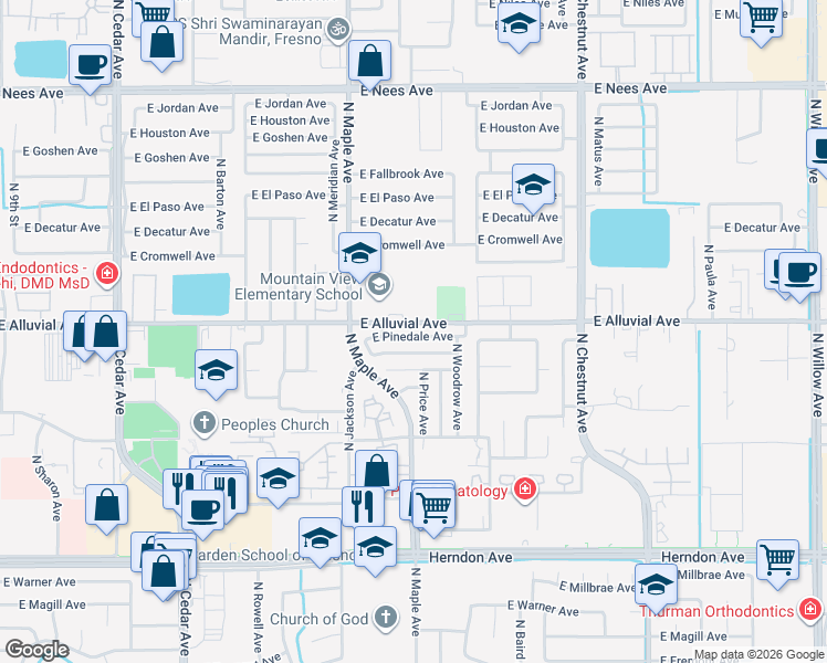 map of restaurants, bars, coffee shops, grocery stores, and more near 2156 East Pinedale Avenue in Fresno