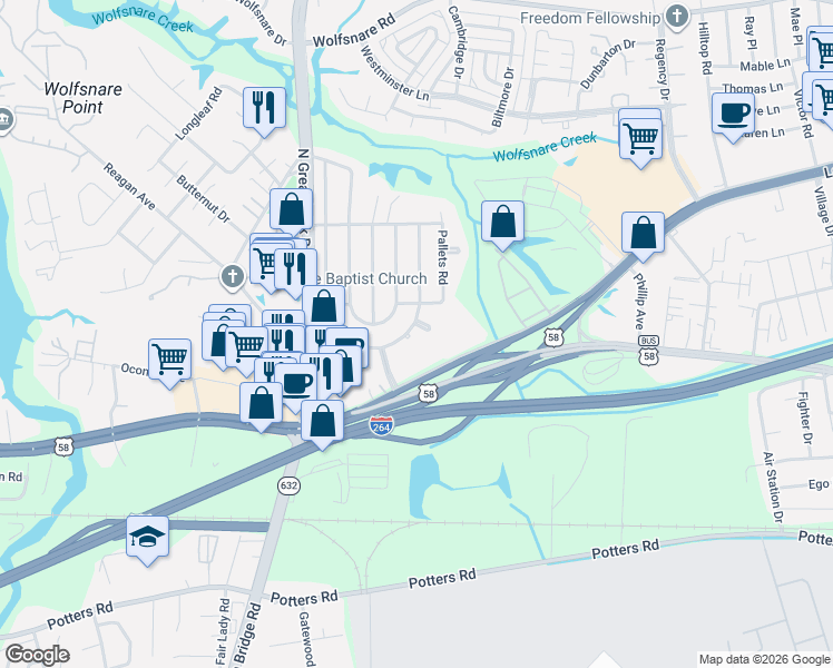map of restaurants, bars, coffee shops, grocery stores, and more near 316 East Farmington Road in Virginia Beach