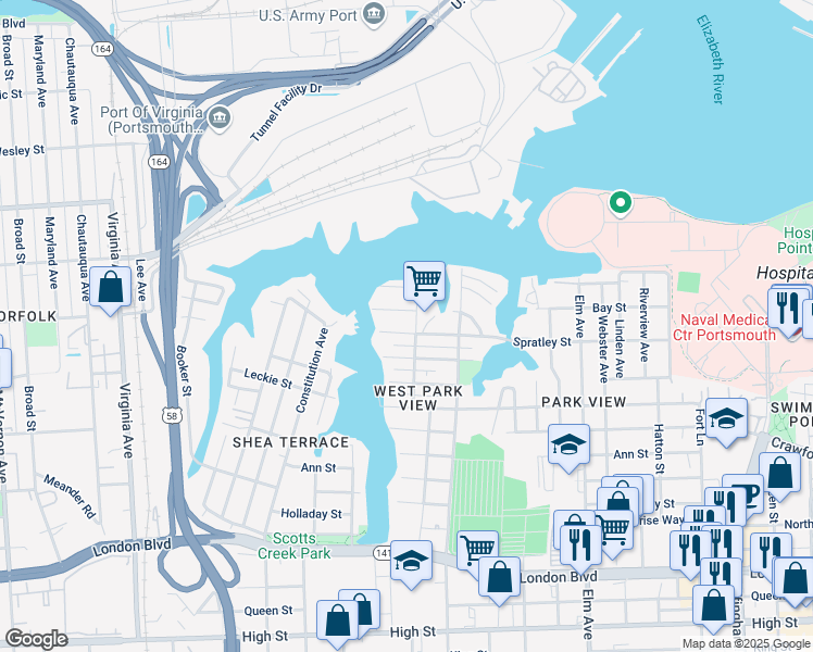 map of restaurants, bars, coffee shops, grocery stores, and more near 1704 Spratley Street in Portsmouth