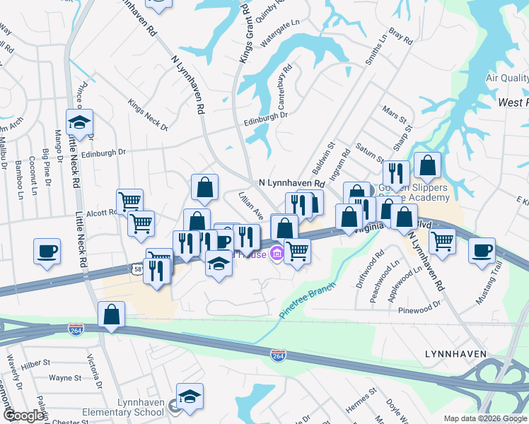 map of restaurants, bars, coffee shops, grocery stores, and more near 304 Lillian Avenue in Virginia Beach