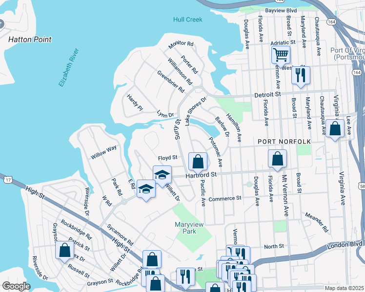 map of restaurants, bars, coffee shops, grocery stores, and more near 627 Surry Street in Portsmouth