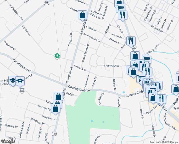 map of restaurants, bars, coffee shops, grocery stores, and more near 250 Fairview Drive in Hopkinsville