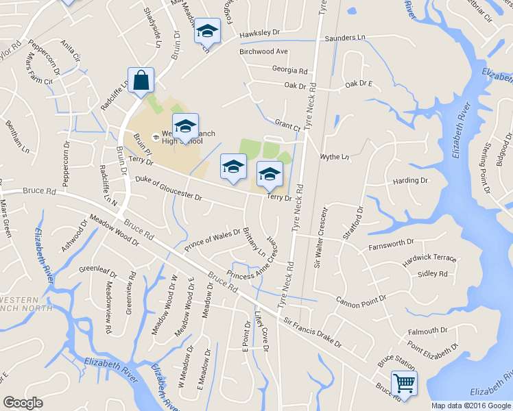 map of restaurants, bars, coffee shops, grocery stores, and more near 3036 Princess Anne Crescent in Chesapeake