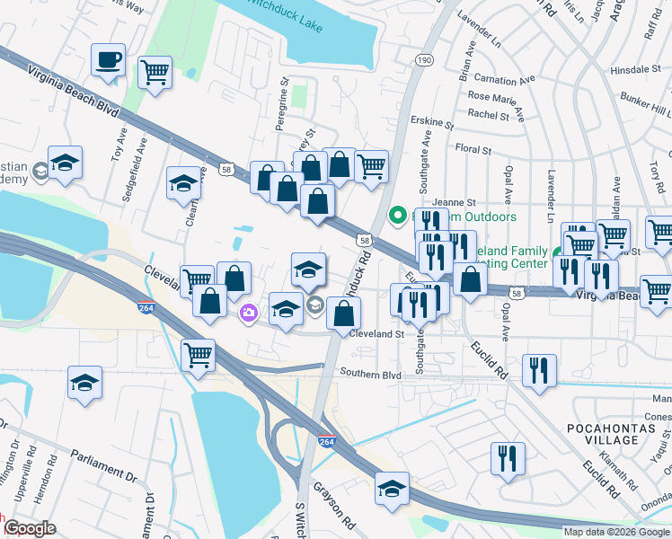 map of restaurants, bars, coffee shops, grocery stores, and more near 5150 Florentine Way in Virginia Beach