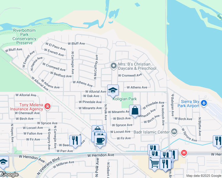 map of restaurants, bars, coffee shops, grocery stores, and more near 5405 West Athens Avenue in Fresno