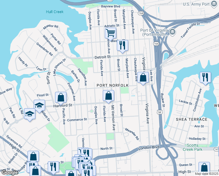 map of restaurants, bars, coffee shops, grocery stores, and more near 600 Mount Vernon Avenue in Portsmouth