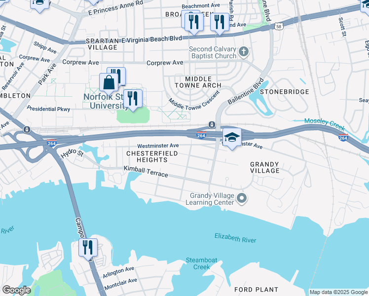 map of restaurants, bars, coffee shops, grocery stores, and more near 2737 Westminster Avenue in Norfolk