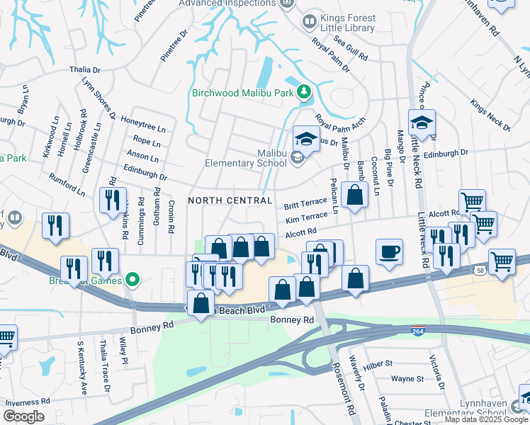 map of restaurants, bars, coffee shops, grocery stores, and more near 3705 Northmoor Ct in Virginia Beach