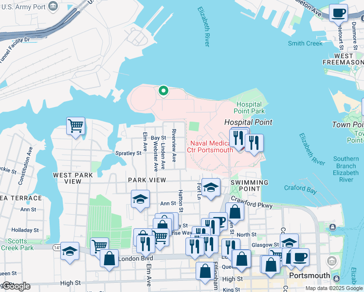 map of restaurants, bars, coffee shops, grocery stores, and more near 70 Parkview Avenue in Portsmouth