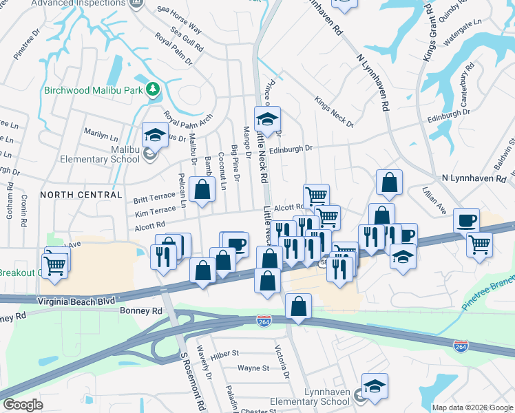 map of restaurants, bars, coffee shops, grocery stores, and more near 400 Mango Drive in Virginia Beach