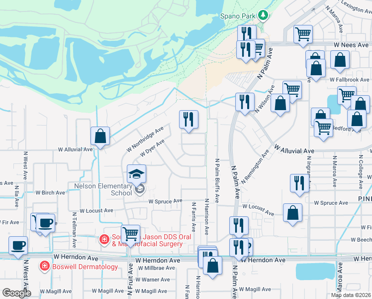 map of restaurants, bars, coffee shops, grocery stores, and more near 7384 North Farris Avenue in Fresno