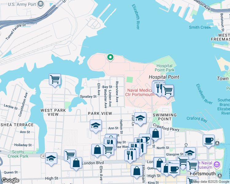 map of restaurants, bars, coffee shops, grocery stores, and more near 70 Riverview Avenue in Portsmouth