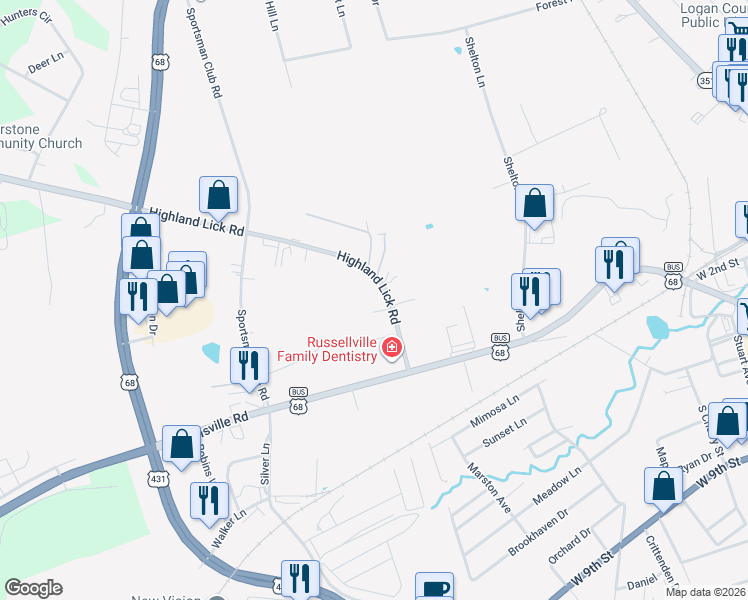 map of restaurants, bars, coffee shops, grocery stores, and more near Highlandlick Road in Russellville