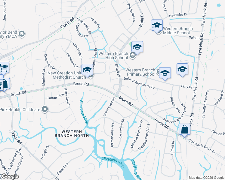 map of restaurants, bars, coffee shops, grocery stores, and more near 2910 Radcliffe Lane North in Chesapeake