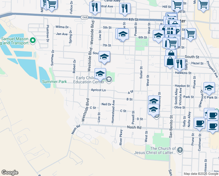 map of restaurants, bars, coffee shops, grocery stores, and more near 830 Apricot Ln in Hollister