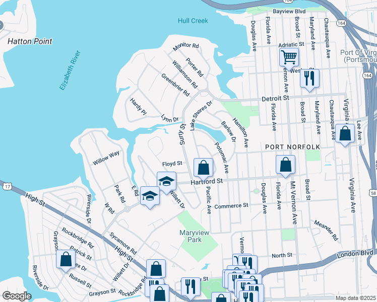 map of restaurants, bars, coffee shops, grocery stores, and more near 627 Surry Street in Portsmouth