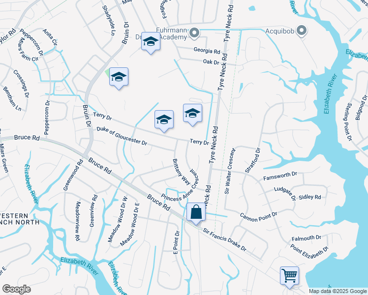 map of restaurants, bars, coffee shops, grocery stores, and more near 3036 Princess Anne Crescent in Chesapeake