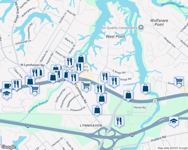map of restaurants, bars, coffee shops, grocery stores, and more near 2809 Queen Anne Road in Virginia Beach