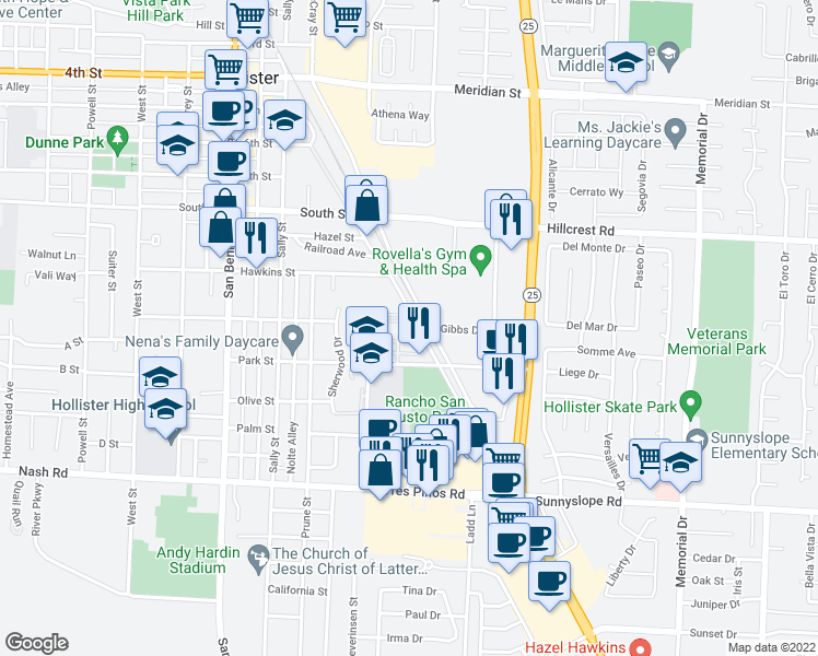 map of restaurants, bars, coffee shops, grocery stores, and more near 990 Prospect Avenue in Hollister