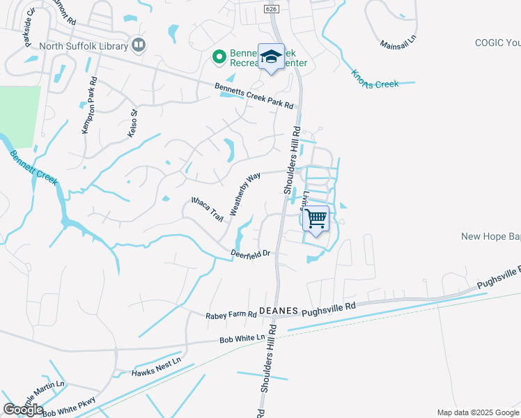 map of restaurants, bars, coffee shops, grocery stores, and more near 5500 Buckhorne Court in Suffolk