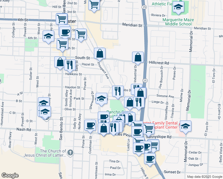 map of restaurants, bars, coffee shops, grocery stores, and more near 990 Prospect Avenue in Hollister