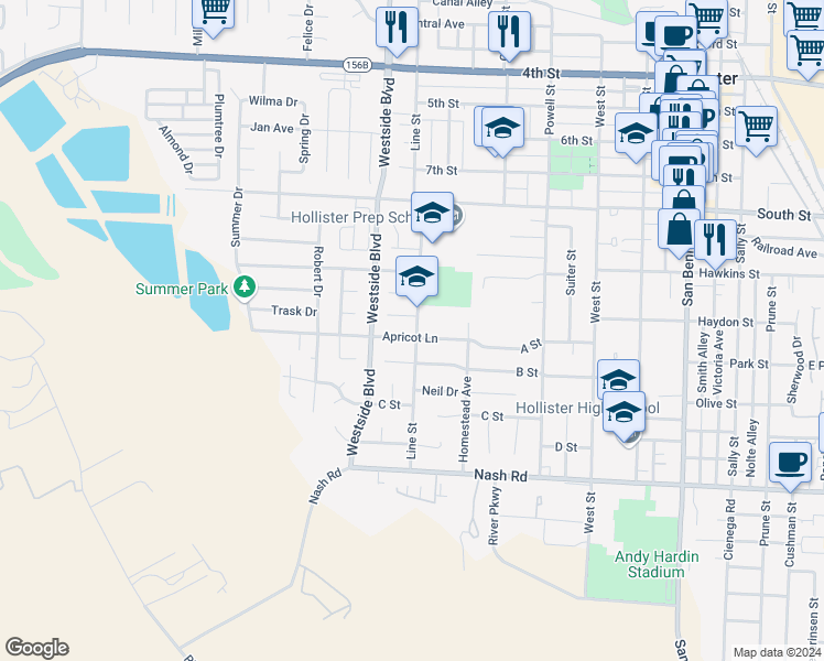map of restaurants, bars, coffee shops, grocery stores, and more near 900 Apricot Lane in Hollister