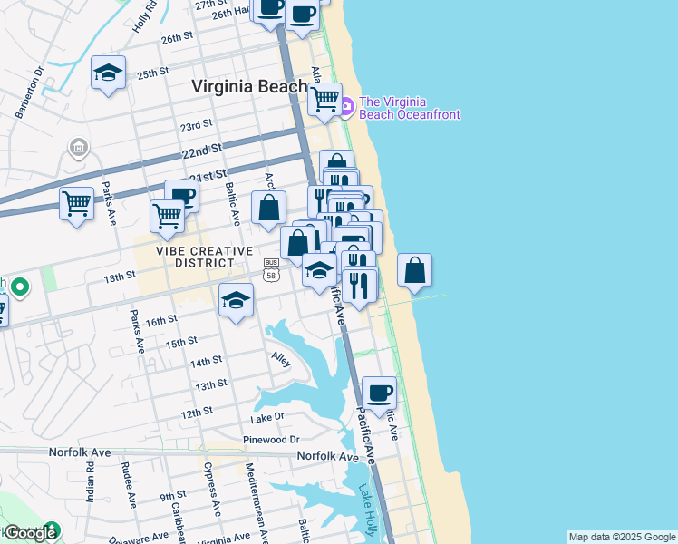 map of restaurants, bars, coffee shops, grocery stores, and more near 211 16th Street in Virginia Beach