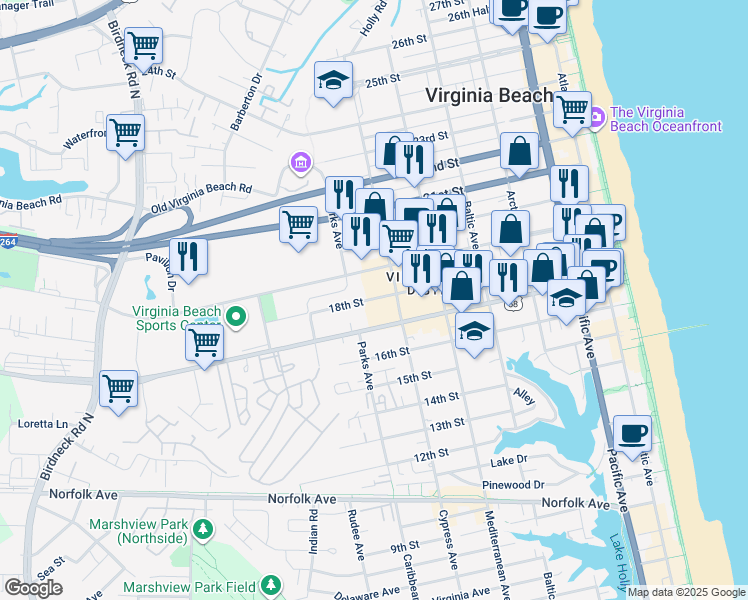 map of restaurants, bars, coffee shops, grocery stores, and more near 716 18th Street in Virginia Beach