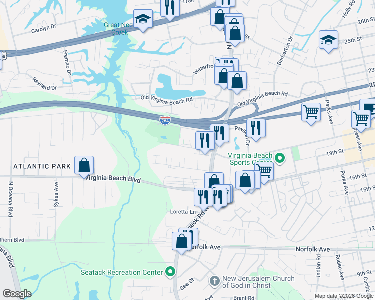 map of restaurants, bars, coffee shops, grocery stores, and more near 1136 Arlynn Lane in Virginia Beach