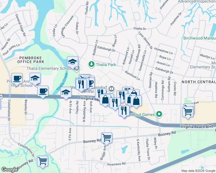 map of restaurants, bars, coffee shops, grocery stores, and more near 304 Pratt Court in Virginia Beach