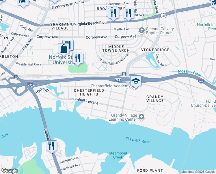 map of restaurants, bars, coffee shops, grocery stores, and more near 2737 Westminster Avenue in Norfolk