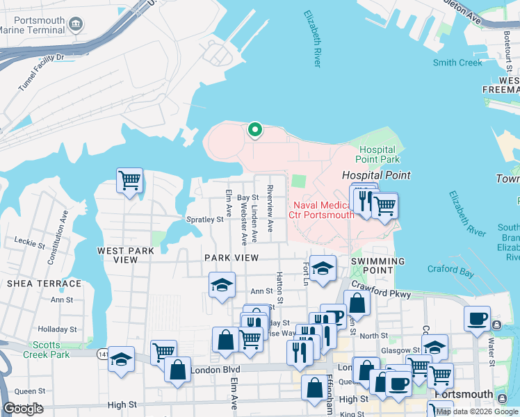 map of restaurants, bars, coffee shops, grocery stores, and more near 70 Riverview Avenue in Portsmouth