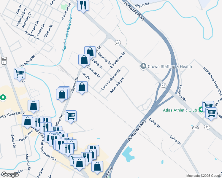 map of restaurants, bars, coffee shops, grocery stores, and more near 401-499 Kauai King Drive in Hopkinsville