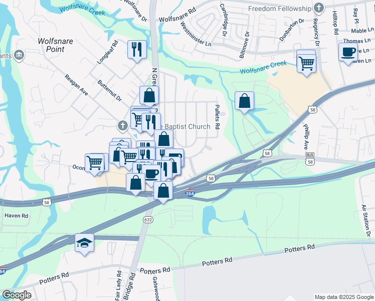 map of restaurants, bars, coffee shops, grocery stores, and more near 400 E Plantation Rd in Virginia Beach