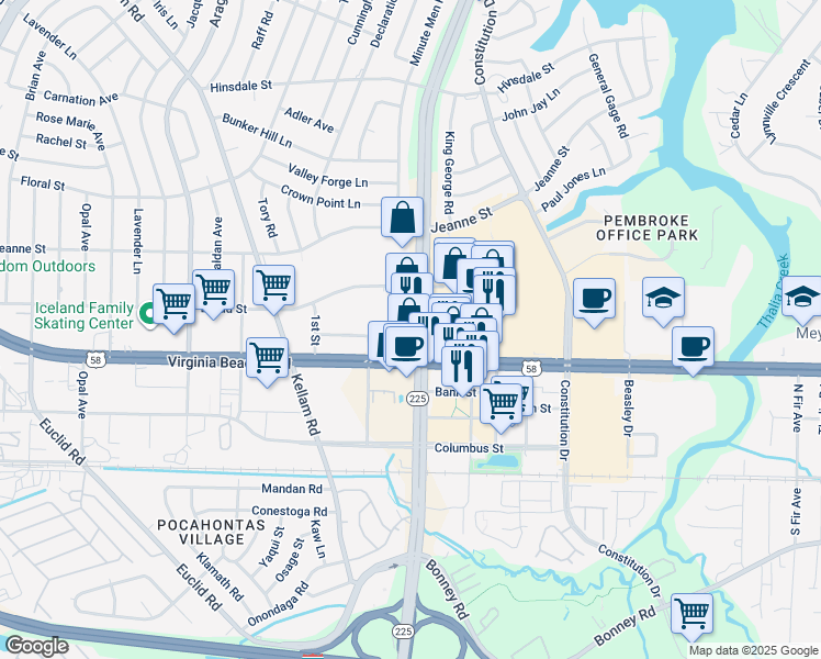map of restaurants, bars, coffee shops, grocery stores, and more near 313 Independence Blvd in Virginia Beach