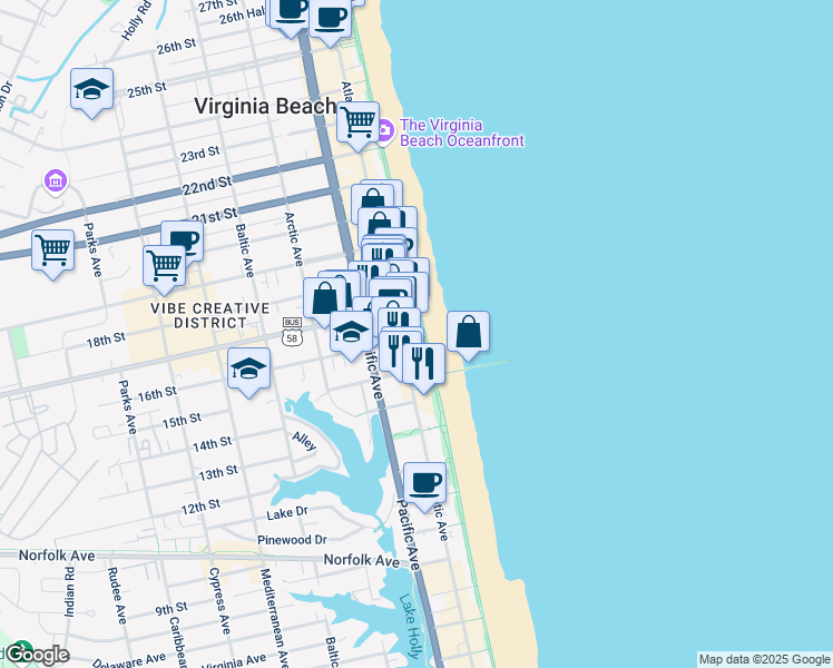 map of restaurants, bars, coffee shops, grocery stores, and more near 103 16th Street in Virginia Beach