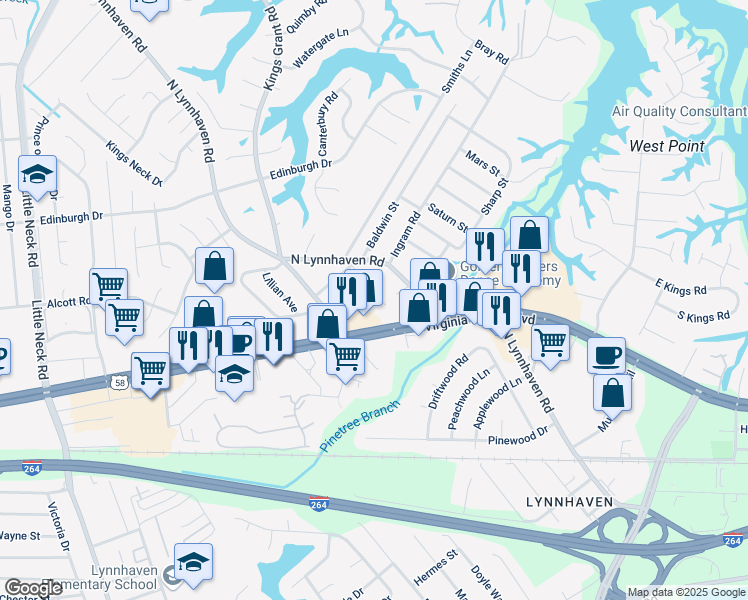 map of restaurants, bars, coffee shops, grocery stores, and more near 309 Crisfield Road in Virginia Beach