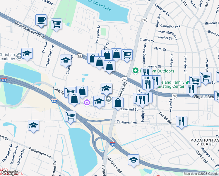 map of restaurants, bars, coffee shops, grocery stores, and more near 5150 Florentine Way in Virginia Beach