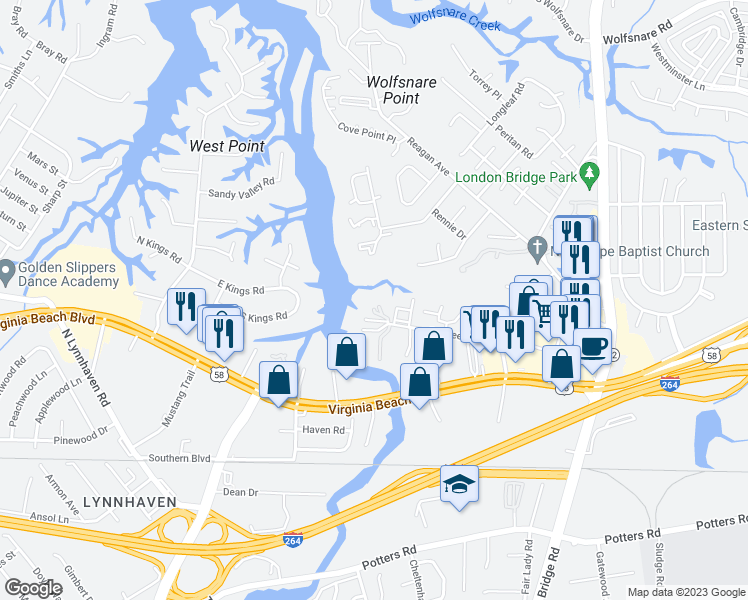 map of restaurants, bars, coffee shops, grocery stores, and more near 400 Egret Landing in Virginia Beach