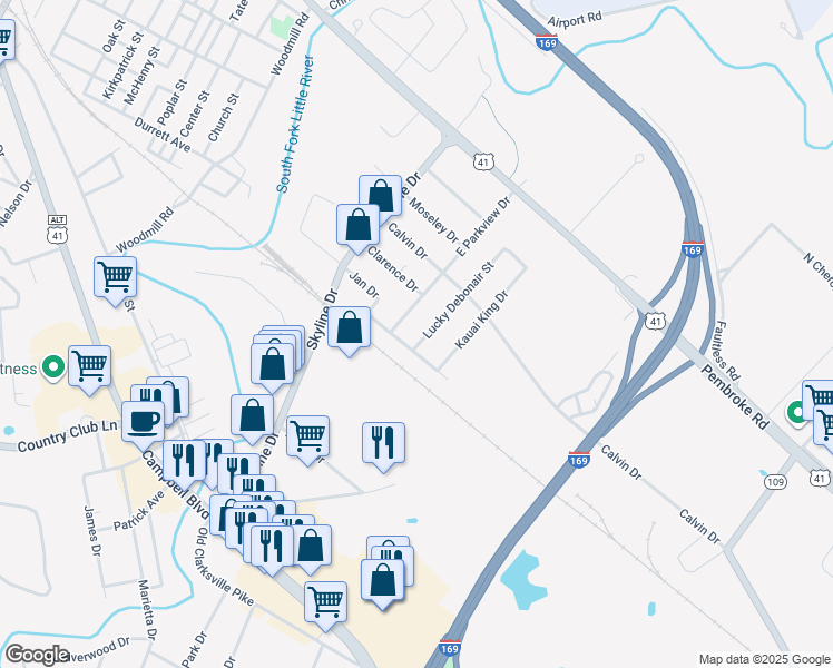 map of restaurants, bars, coffee shops, grocery stores, and more near 419 Lucky Debonair Street in Hopkinsville